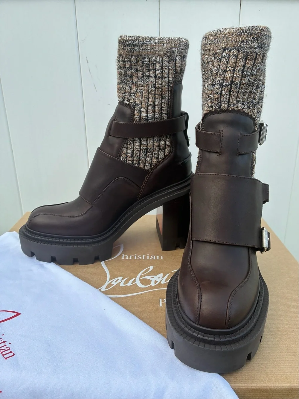 CHRISTIAN LOUBOUTIN CORTINETTA COLLEGE BROWN LEATHER ANKLE BLOCK HEEL BOOT 38.5